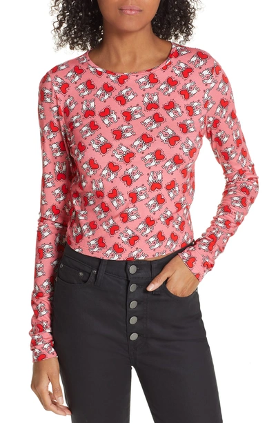 Shop Alice And Olivia X Keith Haring Delaina Heart Holding Long Sleeve Tee In Holding Heart Rose/ Cherry