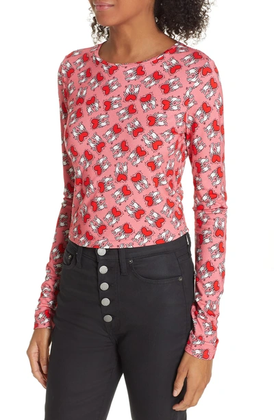 Shop Alice And Olivia X Keith Haring Delaina Heart Holding Long Sleeve Tee In Holding Heart Rose/ Cherry