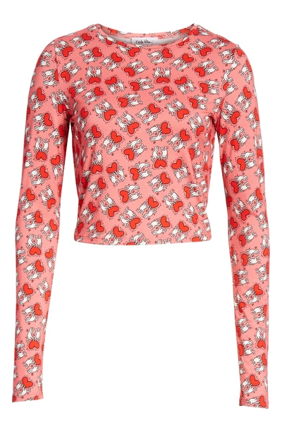 Shop Alice And Olivia X Keith Haring Delaina Heart Holding Long Sleeve Tee In Holding Heart Rose/ Cherry