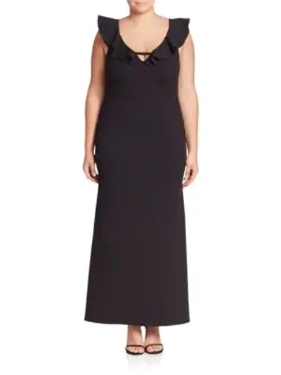 Shop Abs By Allen Schwartz Plus Deep V-neck Ruffle Gown In Black