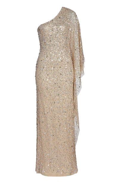 Shop Adrianna Papell One-shoulder Beaded Evening Dress In Champagne