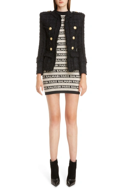 Shop Balmain Stripe Logo Minidress In Gba Beige/ Noir