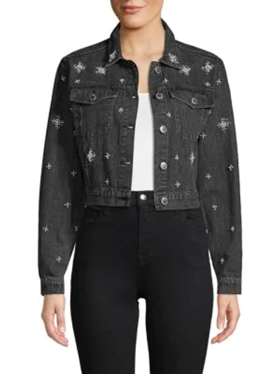 Shop Free Generation Embellished Cropped Denim Jacket In Black