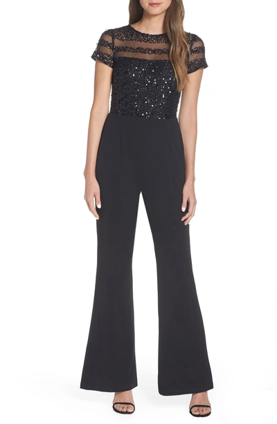 Shop Adrianna Papell Bead Stripe Jumpsuit In Black