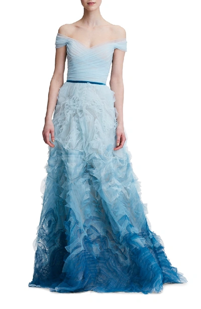 Shop Marchesa Notte Ombre Off The Shoulder Gown In Light Blue