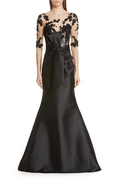 Shop Badgley Mischka Lace Accent Bow Evening Dress In Black