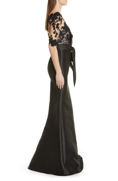 Shop Badgley Mischka Lace Accent Bow Evening Dress In Black