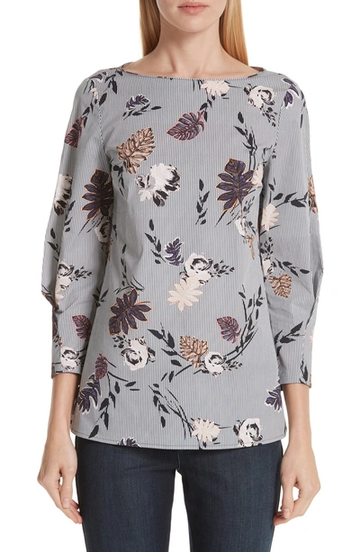 Shop Lafayette 148 Caddie Floral & Stripe Stretch Cotton Blouse In Ink Multi