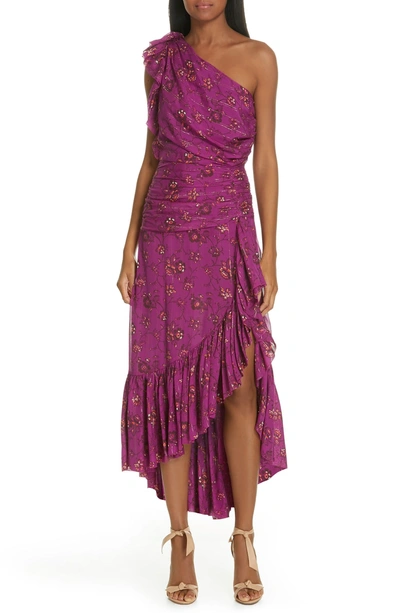 Shop Ulla Johnson Belline Floral Print One-shoulder Silk Blend Dress In Magenta