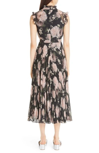Shop Erdem Floral Print Voile Midi Dress In Black/ Pink