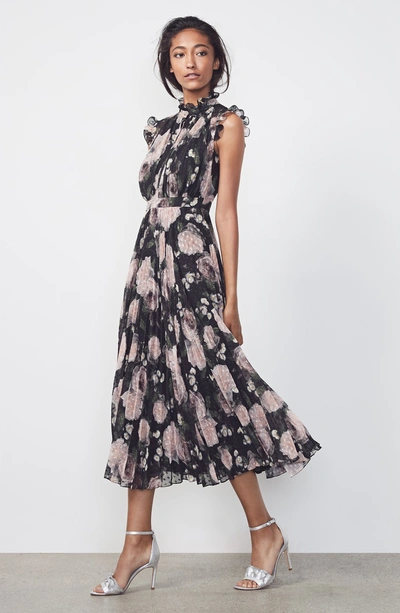 Shop Erdem Floral Print Voile Midi Dress In Black/ Pink