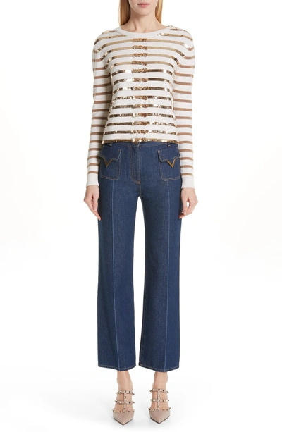 Shop Valentino V-detail Straight Crop Jeans In Denim Blue