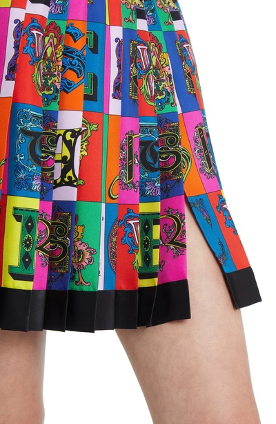 Shop Versace Alphabet Print Pleated Silk Skirt In Multi