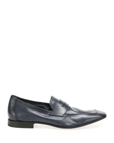 Shop Berluti Men's Incrociato Leather Loafers In Navy