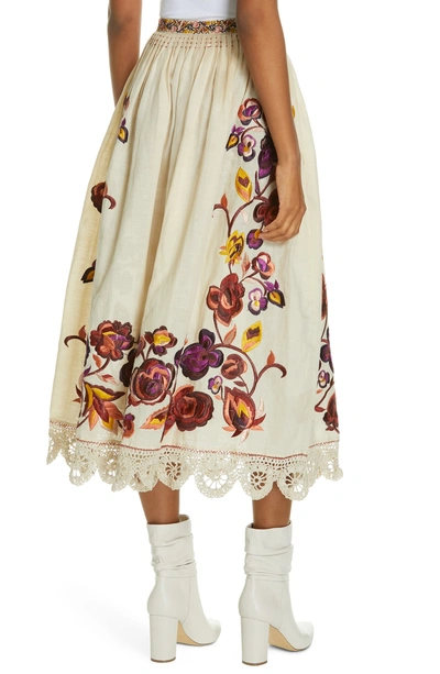 Shop Ulla Johnson Yana Floral Embroidered Linen & Cotton Midi Skirt In Natural