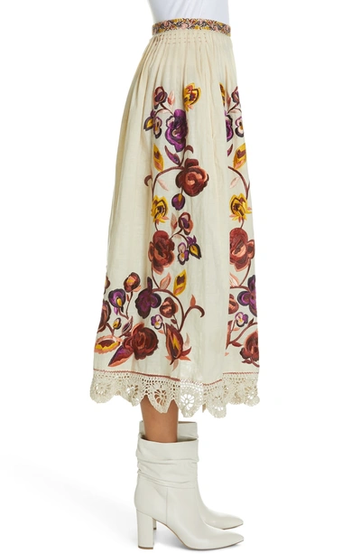 Shop Ulla Johnson Yana Floral Embroidered Linen & Cotton Midi Skirt In Natural