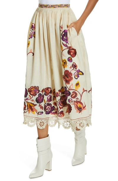 Shop Ulla Johnson Yana Floral Embroidered Linen & Cotton Midi Skirt In Natural