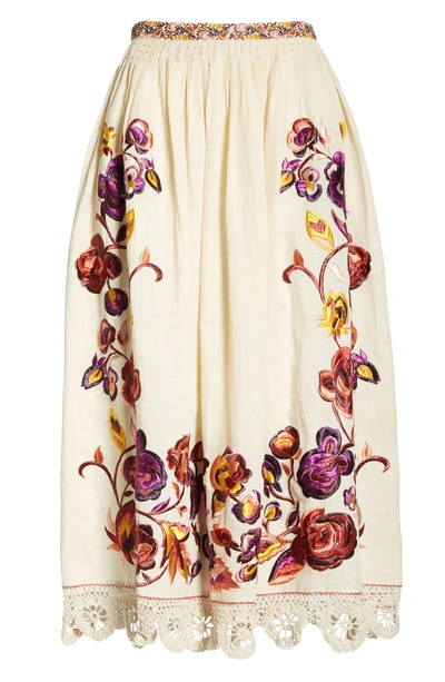 Shop Ulla Johnson Yana Floral Embroidered Linen & Cotton Midi Skirt In Natural