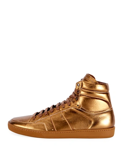Shop Saint Laurent Men's Sl/10h Signature Court Classic Metallic Leather High-top Sneakers, Gold