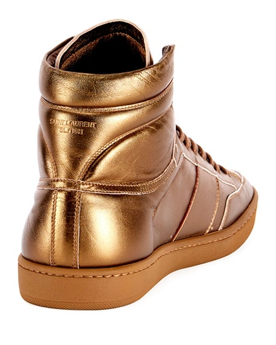 Shop Saint Laurent Men's Sl/10h Signature Court Classic Metallic Leather High-top Sneakers, Gold