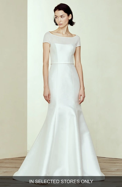 Shop Amsale Denver Silk & Wool Off The Shoulder Wedding Dress In Ivory