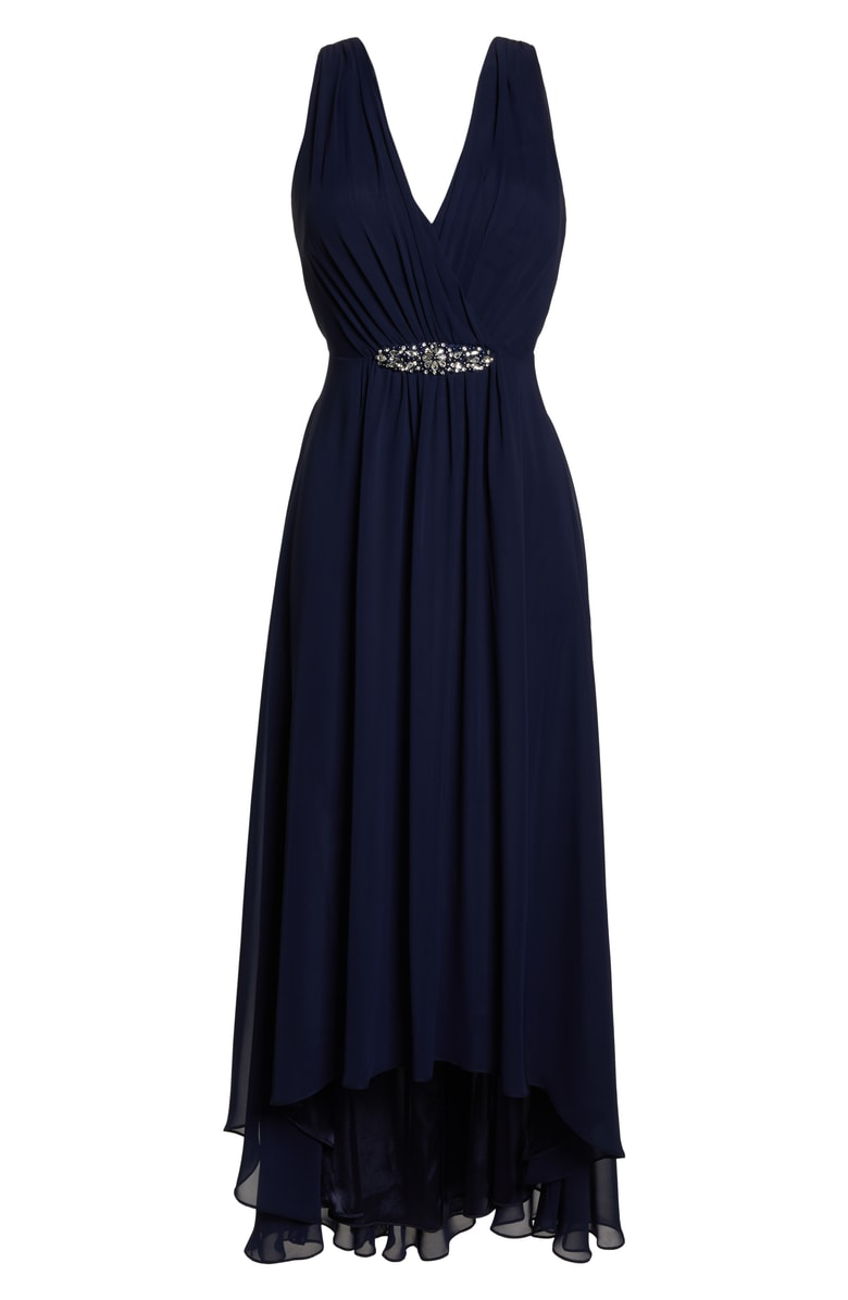 Eliza J Embellished High/low Chiffon Dress In Navy | ModeSens