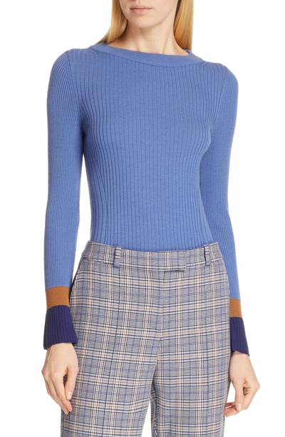 Shop Hugo Boss Fadeline Blue Fantasy Ribbed Wool Sweater In Soft Blue Fantasy