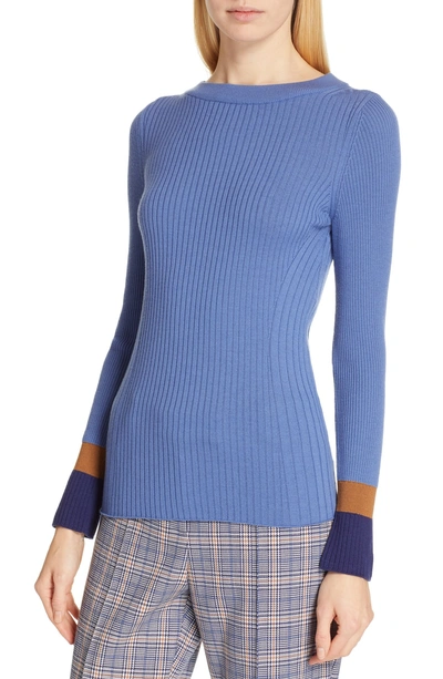 Shop Hugo Boss Fadeline Blue Fantasy Ribbed Wool Sweater In Soft Blue Fantasy