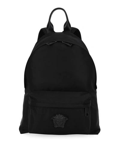 Shop Versace Men's Nylon Backpack W/ Medusa Head Detail In Black