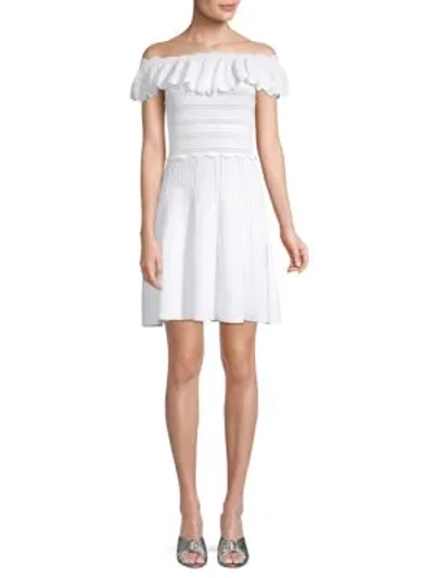 Shop Alice And Olivia Janella Off-the-shoulder A-line Dress In Optic White