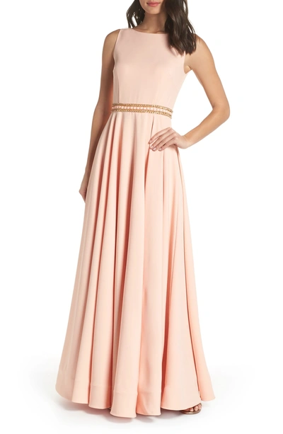 Shop Mac Duggal Beaded Waist A-line Gown In Blush Gold