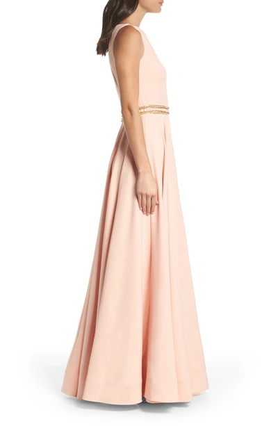 Shop Mac Duggal Beaded Waist A-line Gown In Blush Gold