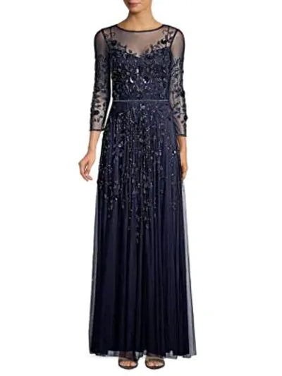 Shop Theia Embellished Tulle Gown In Navy