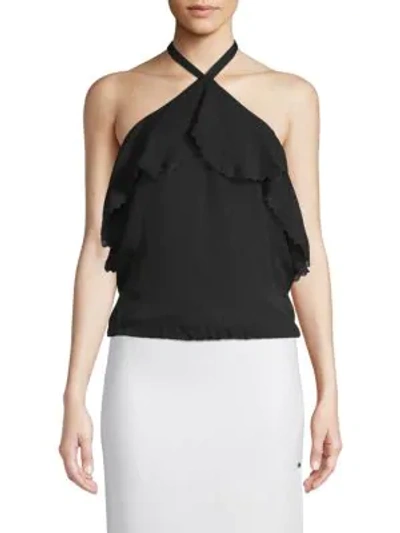 Shop Alice And Olivia Monet Ruffled Halter Silk Top In Black