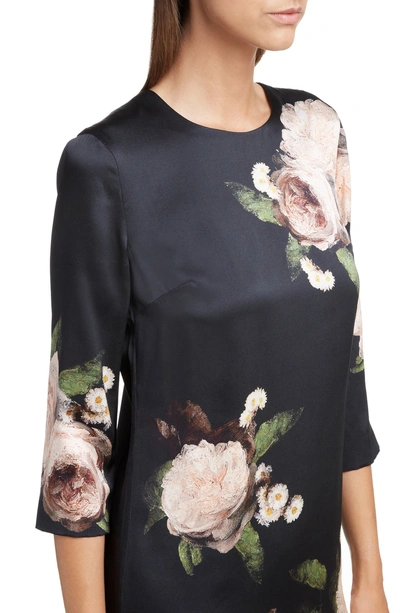 Shop Erdem Floral Silk Satin Shift Dress In Black/ Pink