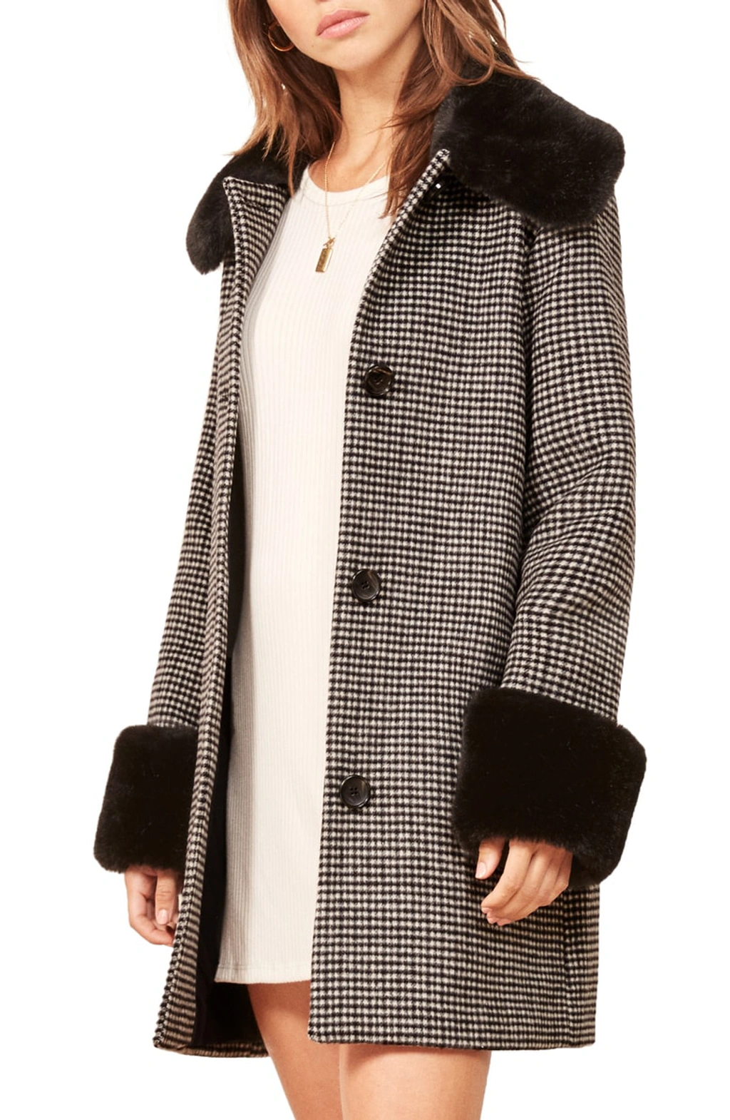 Reformation Lucille Faux Fur Trim Coat In Black Houndstooth ModeSens