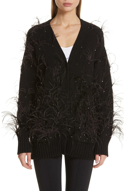 Shop Adam Lippes Crystal And Feather Embellished Wool & Cashmere Cardigan In Black