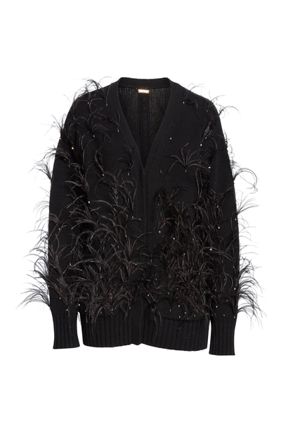 Shop Adam Lippes Crystal And Feather Embellished Wool & Cashmere Cardigan In Black