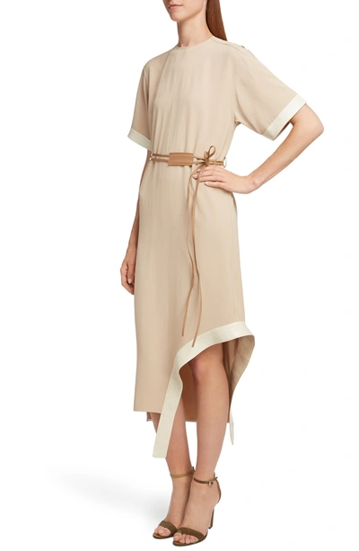 Shop Victoria Beckham Leather Belt Asymmetrical Dress In Beige/ Camel