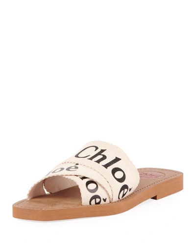 Shop Chloé Woody Flat Logo Ribbon Slide Sandals In White