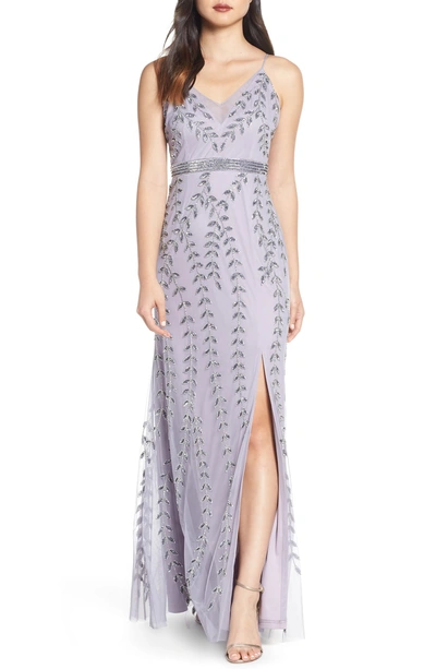 Shop Adrianna Papell Vine Motif Beaded Evening Dress In Lilac Grey