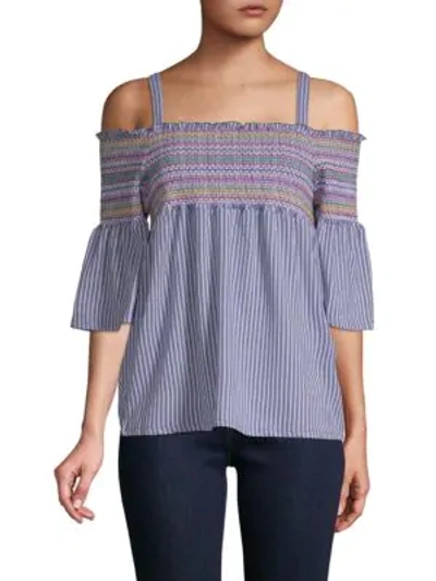 Shop Love Scarlett Cold-shoulder Smocked Bell-sleeve Top In Blue Multi