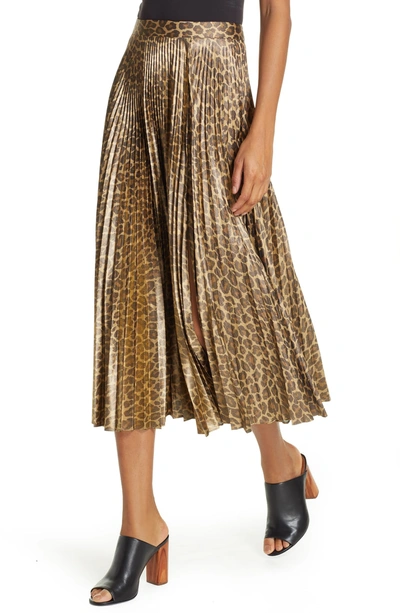 Shop A.l.c Bobby Leopard Print Pleated Midi Skirt In Metallic Gold