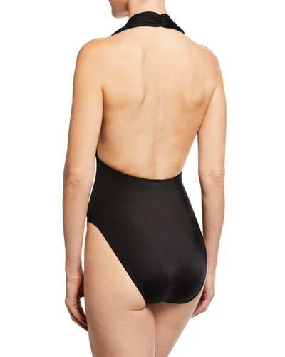 Shop Norma Kamali Halter Low-back Solid One-piece Swimsuit In Black