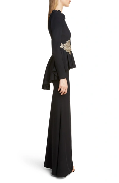 Shop Alexander Mcqueen Embellished Peplum Waist Gown In Black
