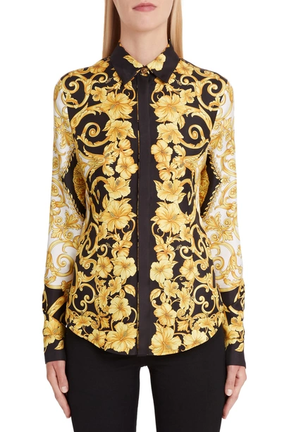 Shop Versace Hibiscus Print Silk Shirt In Black Print