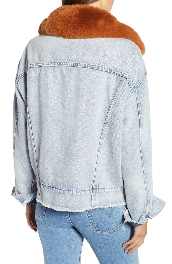 oversize faux shearling lined denim trucker jacket with removable faux fur collar
