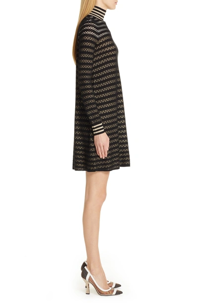 Shop Fendi Striped Silk Stretch Lace Turtleneck Dress In Black