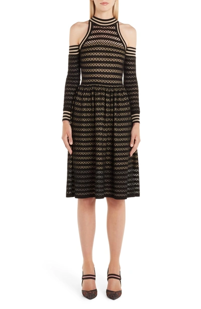 Shop Fendi Striped Silk Stretch Lace Turtleneck Dress In Black