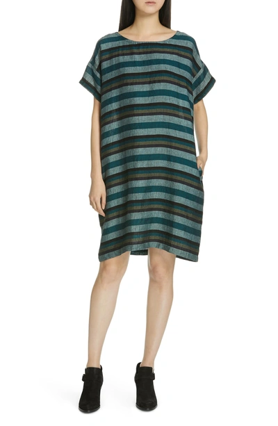 Shop Eileen Fisher Stripe Linen Shift Dress In Teal
